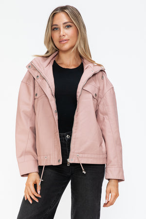 How Dare U Drawstring Hem PU Leather Zip Up Jacket - Teresa's Fashionista LLC