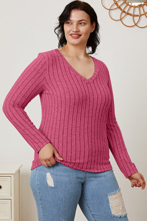 Basic Bae Full Size Ribbed V-Neck Long Sleeve T-Shirt-Teresa's Fashionista LLC
