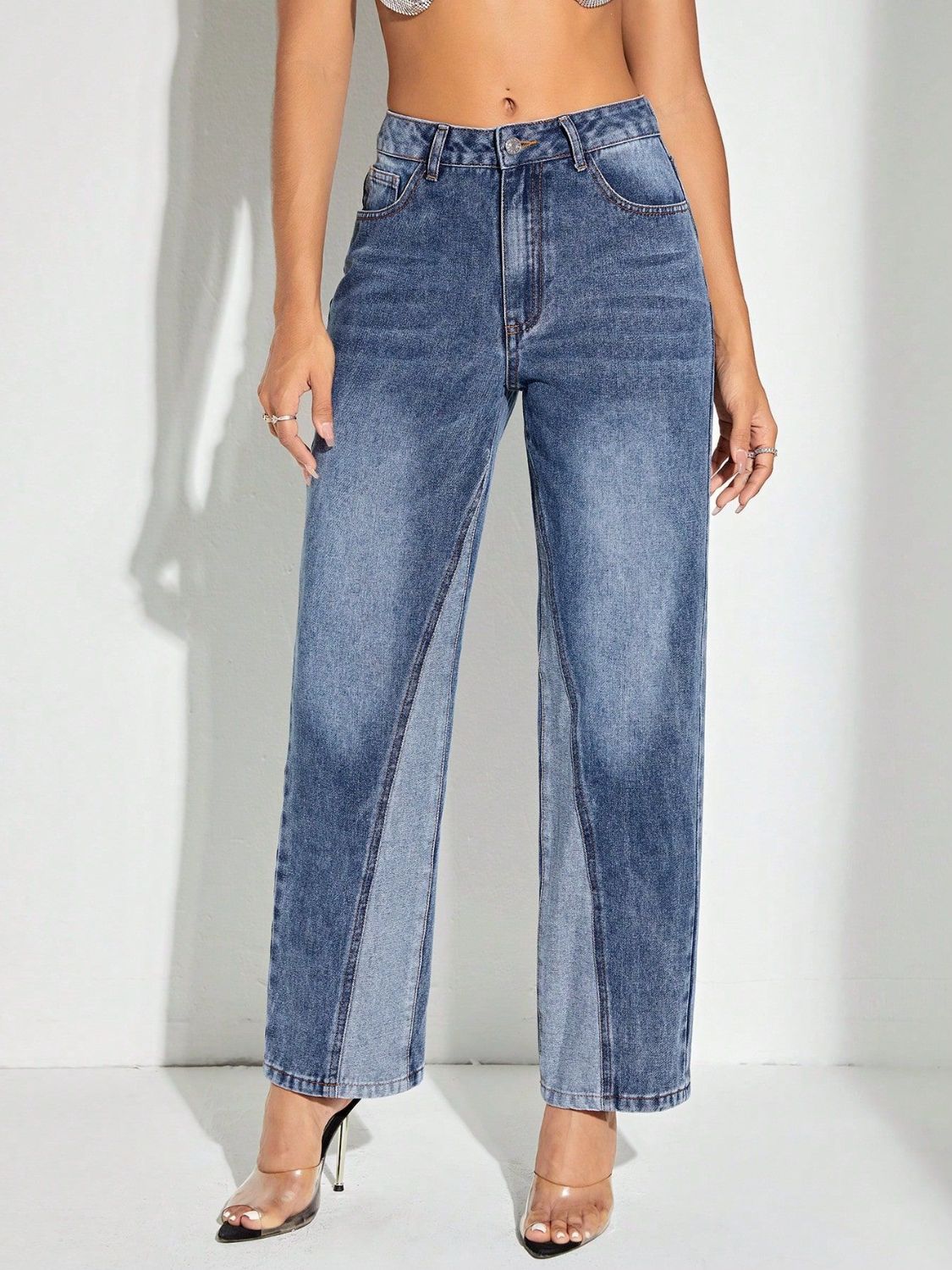 Contrast Patchwork Straight Jeans with Pockets - Teresa's Fashionista LLC