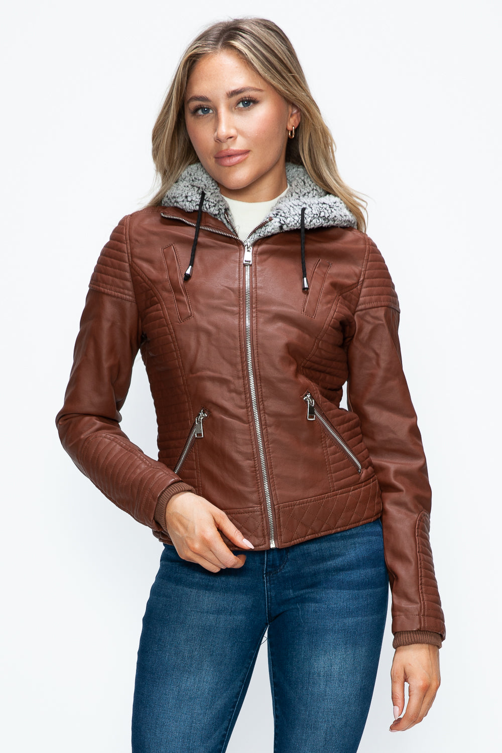 YMI Faux Layered Double-Zipper Jacket with Fuzzy Hood - Teresa's Fashionista LLC
