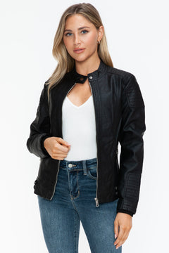 Snobbish Faux Leather Biker Jacket with Side Zip Pockets - Teresa's Fashionista LLC