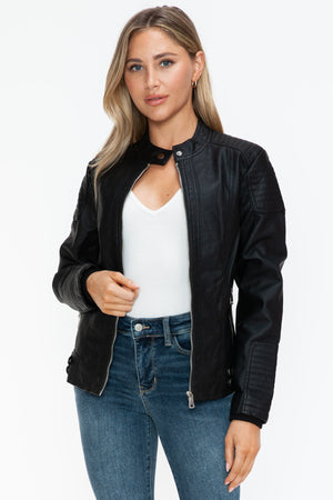Snobbish Faux Leather Biker Jacket with Side Zip Pockets - Teresa's Fashionista LLC