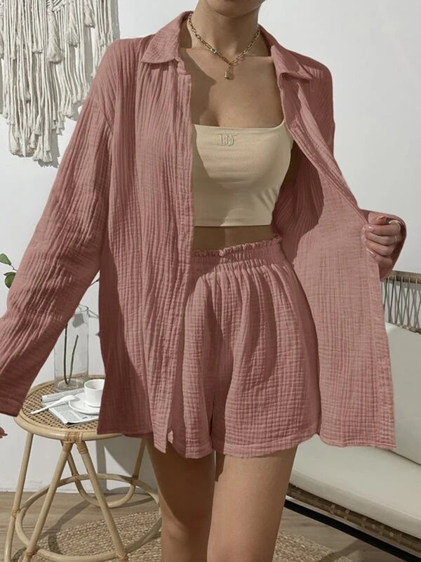 Dropped Shoulder Button Up Top and Elastic Waist Shorts Set-Teresa's Fashionista LLC
