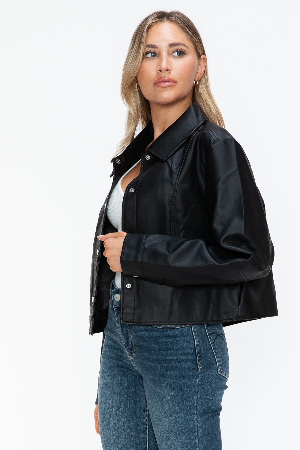Snobbish Snap Down Long Sleeve PU Leather Jacket - Teresa's Fashionista LLC