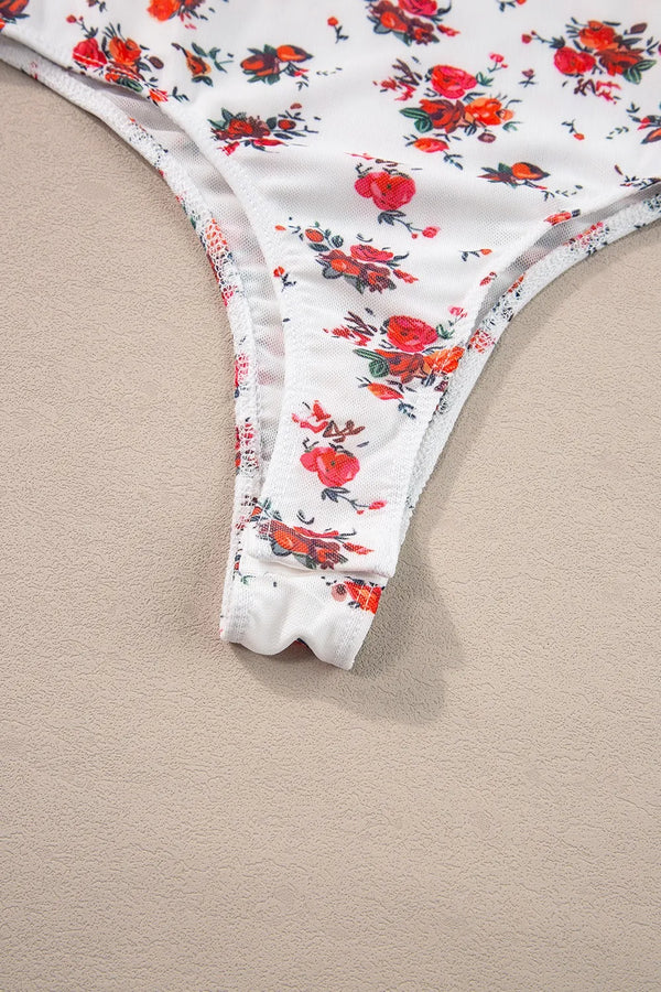 Floral frilled trim spaghetti strap bodysuit with red and orange flowers.