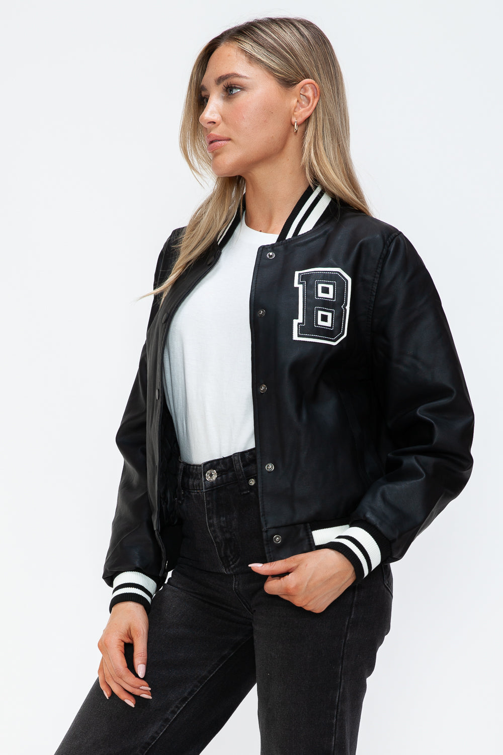 Love Me Now PU Leather Contrast Snap Down Bomber Jacket - Teresa's Fashionista LLC