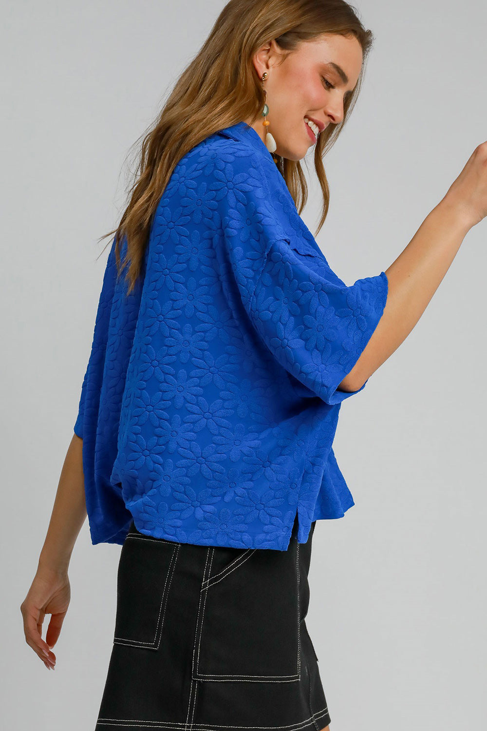 Umgee Floral Johnny Collar Half Sleeve Jacquard Top - Teresa's Fashionista LLC