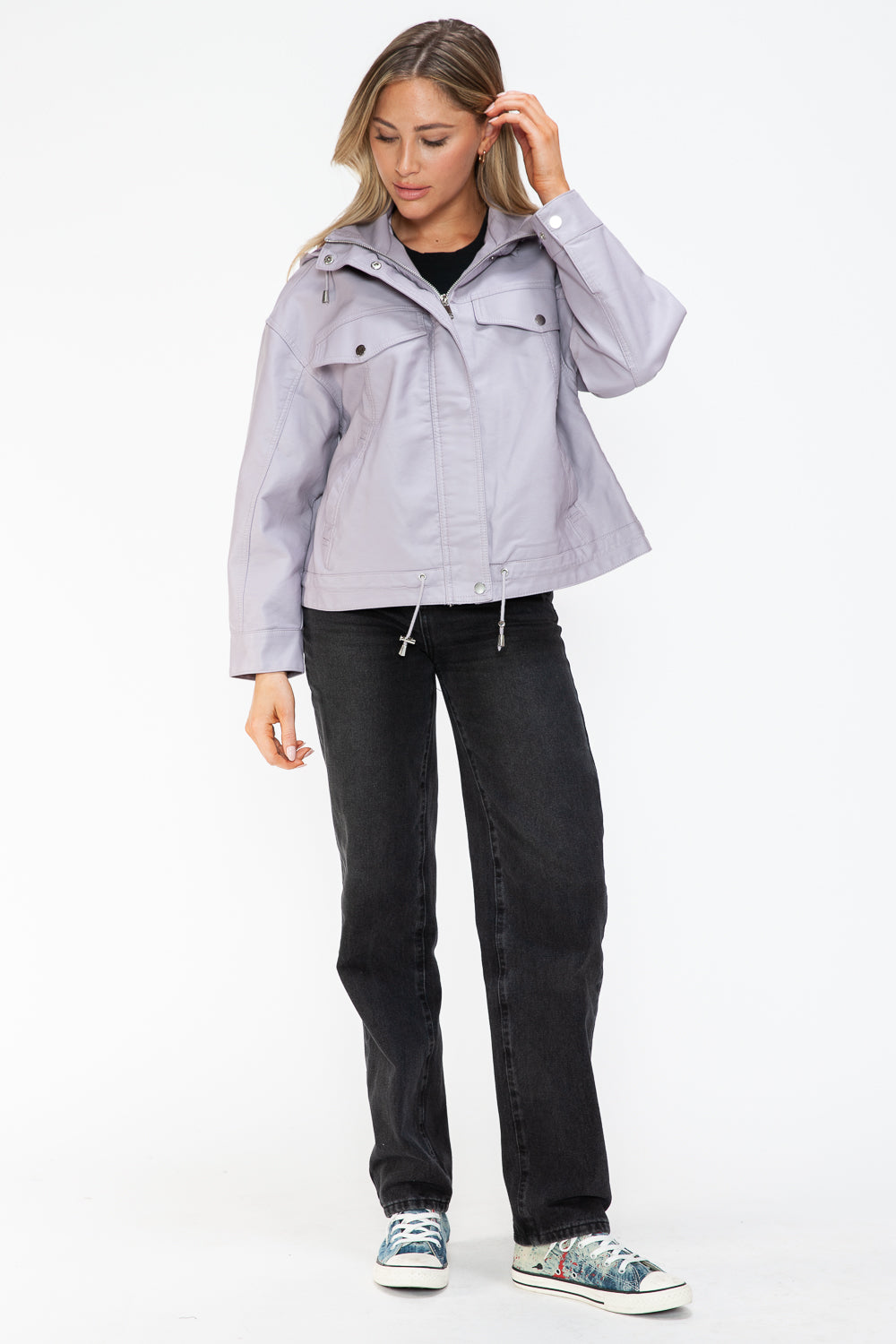 How Dare U Drawstring Hem PU Leather Zip Up Jacket - Teresa's Fashionista LLC
