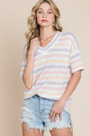 BOMBOM Striped V-Neck Short Sleeve T-Shirt-Teresa's Fashionista LLC