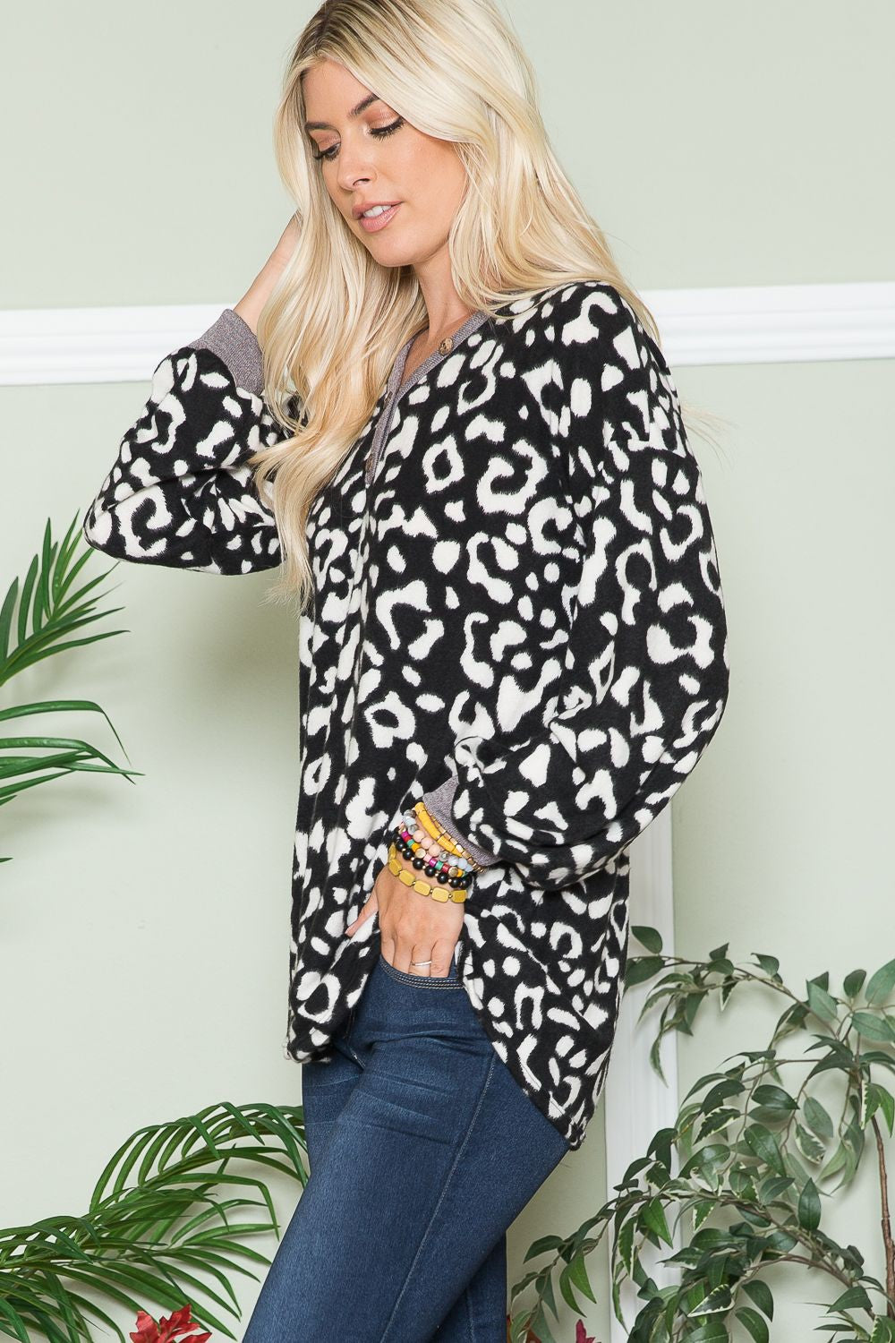 Celeste Full Size Leopard V-Neck Long Sleeve Blouse - Teresa's Fashionista LLC