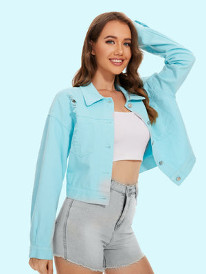 Distressed Distressed Button Up Denim Jacket-Teresa's Fashionista LLC