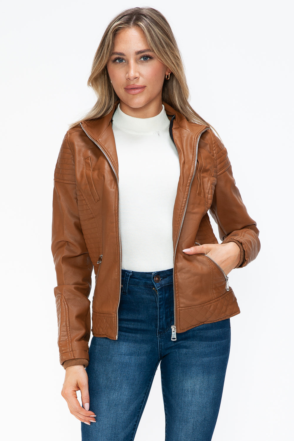 YMI Faux Layered Double-Zipper Jacket with Fuzzy Hood - Teresa's Fashionista LLC
