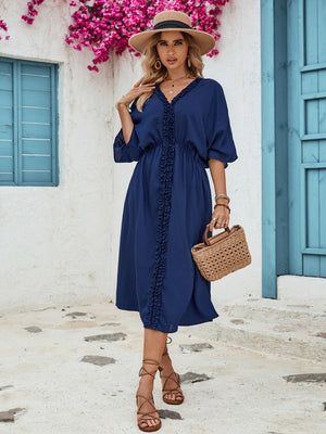 Frill Slit V-Neck Three-Quarter Sleeve Dress-Teresa's Fashionista LLC