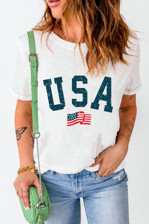 USA round neck short sleeve t-shirt, white, with USA graphic and American flag.