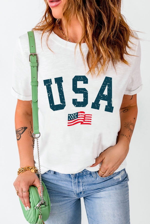 USA round neck short sleeve t-shirt, white, with USA graphic and American flag.