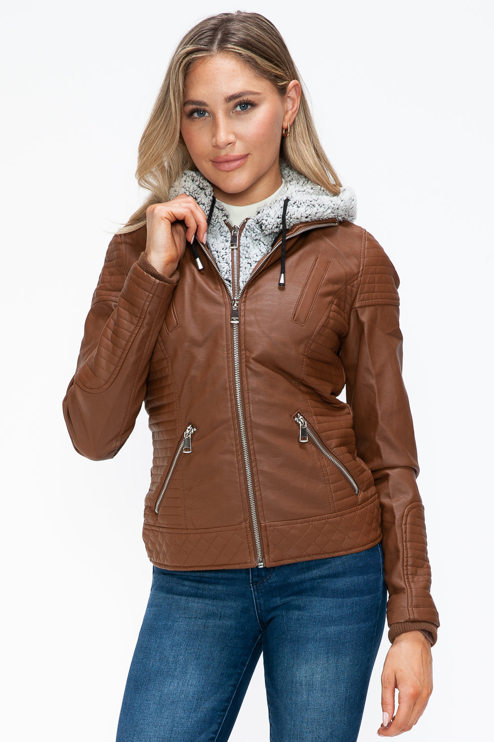 YMI Faux Layered Double-Zipper Jacket with Fuzzy Hood - Teresa's Fashionista LLC