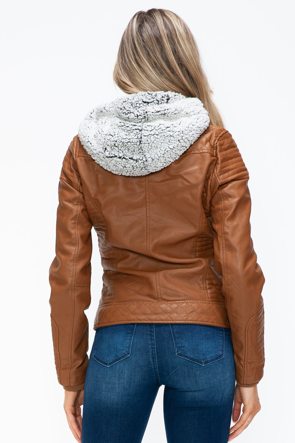 YMI Faux Layered Double-Zipper Jacket with Fuzzy Hood - Teresa's Fashionista LLC