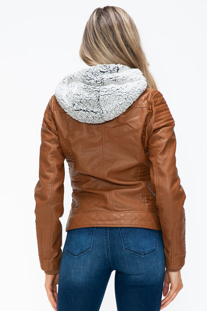 YMI Faux Layered Double-Zipper Jacket with Fuzzy Hood - Teresa's Fashionista LLC