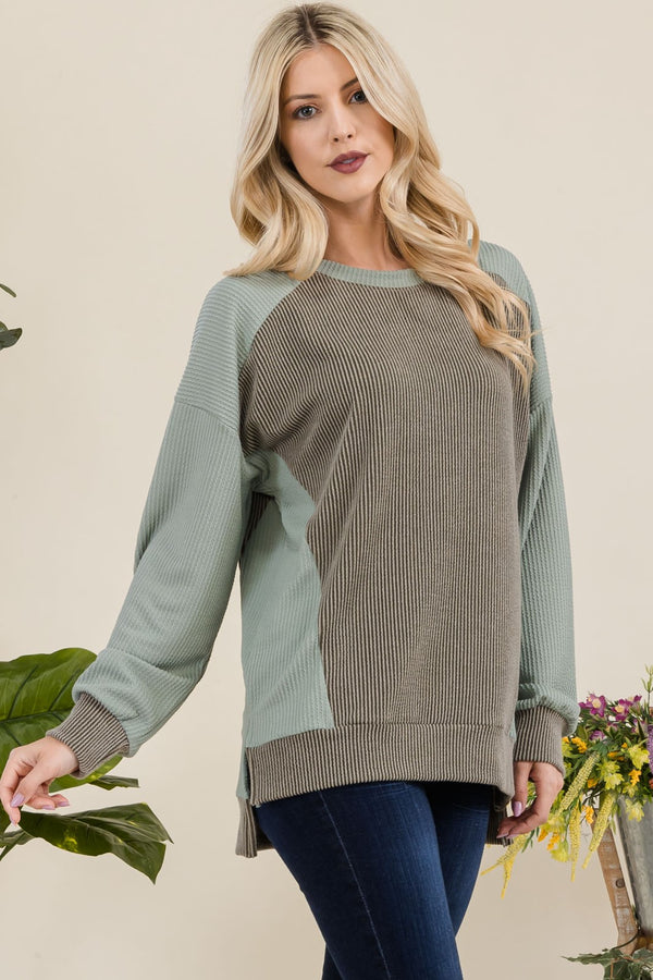 Celeste Full Size High-Low Contrast Round Neck Sweatshirt - Teresa's Fashionista LLC