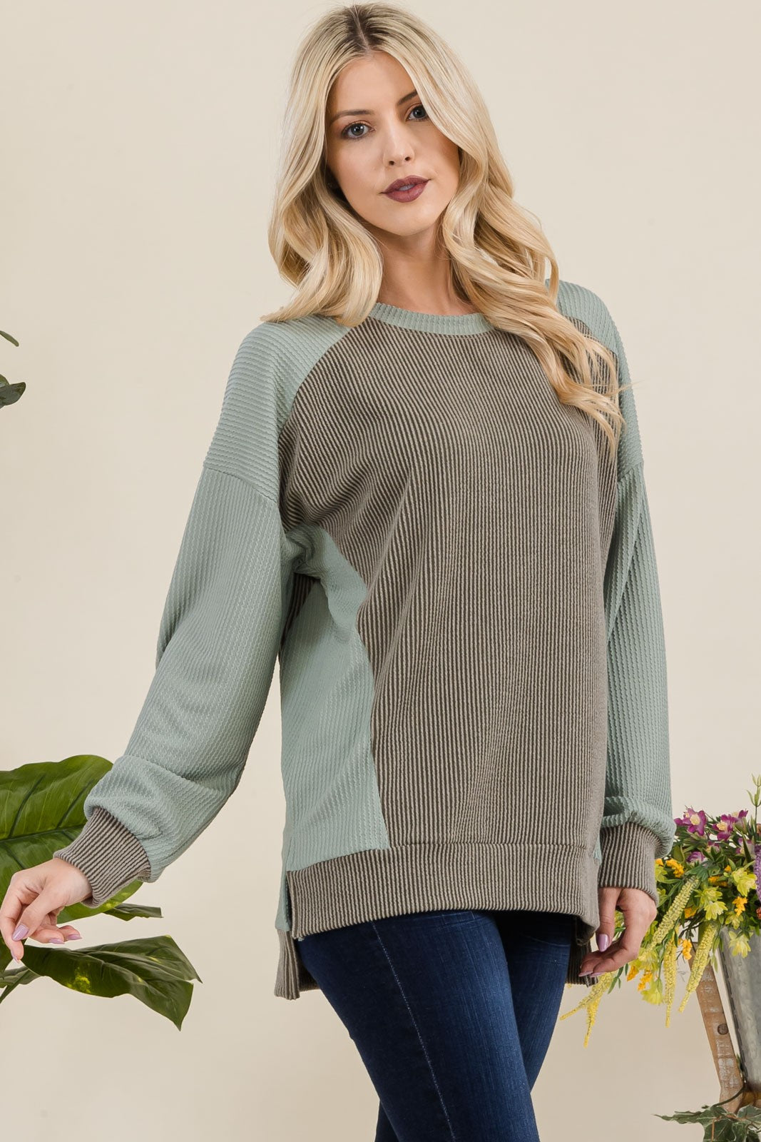 Celeste Full Size High-Low Contrast Round Neck Sweatshirt - Teresa's Fashionista LLC