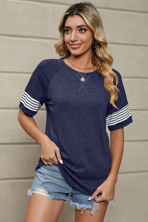 Striped Round Neck Short Sleeve T-Shirt-Teresa's Fashionista LLC