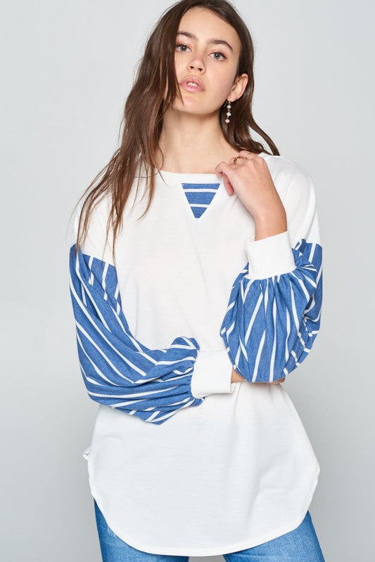 Super Lady Full Size French Terry Striped Long Sleeve Top - Teresa's Fashionista LLC
