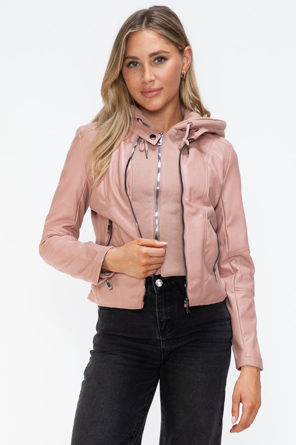 Snobbish Faux Leather Zip Up Drawstring Hooded Jacket - Teresa's Fashionista LLC