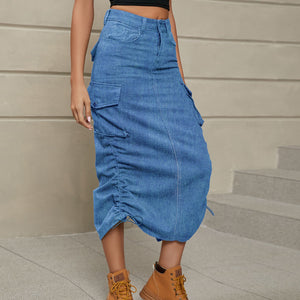 Drawstring Ruched Slit Denim Midi Skirt-Teresa's Fashionista LLC