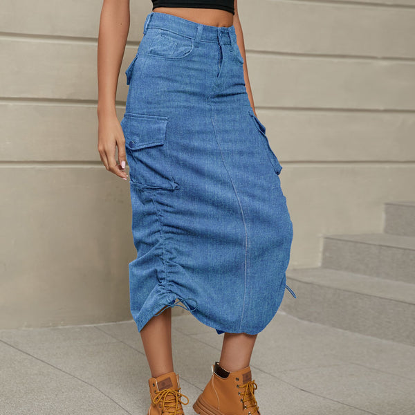 Drawstring Ruched Slit Denim Midi Skirt-Teresa's Fashionista LLC
