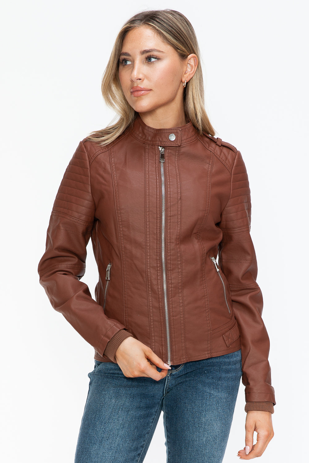 Snobbish PU Leather Biker Jacket with Side Zip Pockets - Teresa's Fashionista LLC