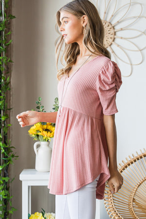 Heimish Full Size Waffle Knit V-Neck Babydoll Top-Teresa's Fashionista LLC