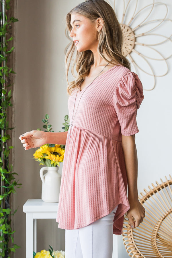 Heimish Full Size Waffle Knit V-Neck Babydoll Top-Teresa's Fashionista LLC