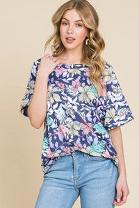 BOMBOM Floral Round Neck Short Sleeve T-Shirt