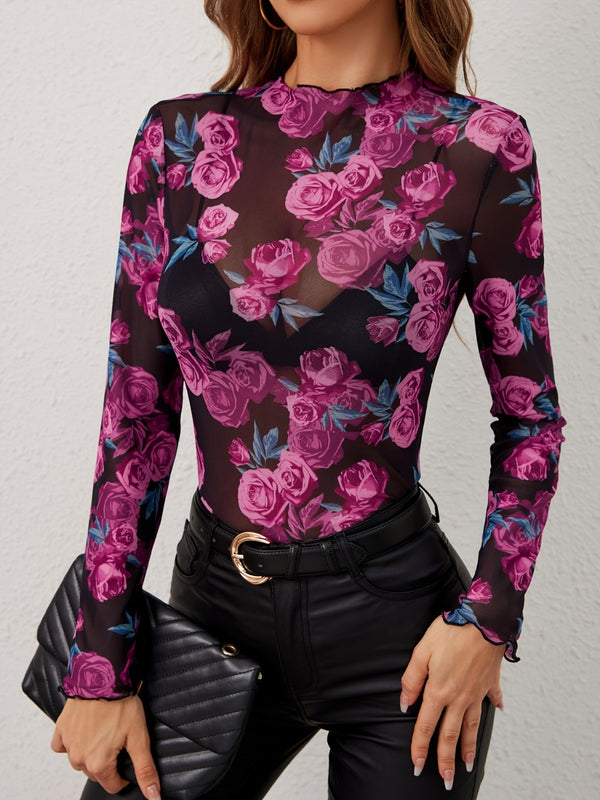 Floral Mock Neck Long Sleeve Top - Teresa's Fashionista LLC