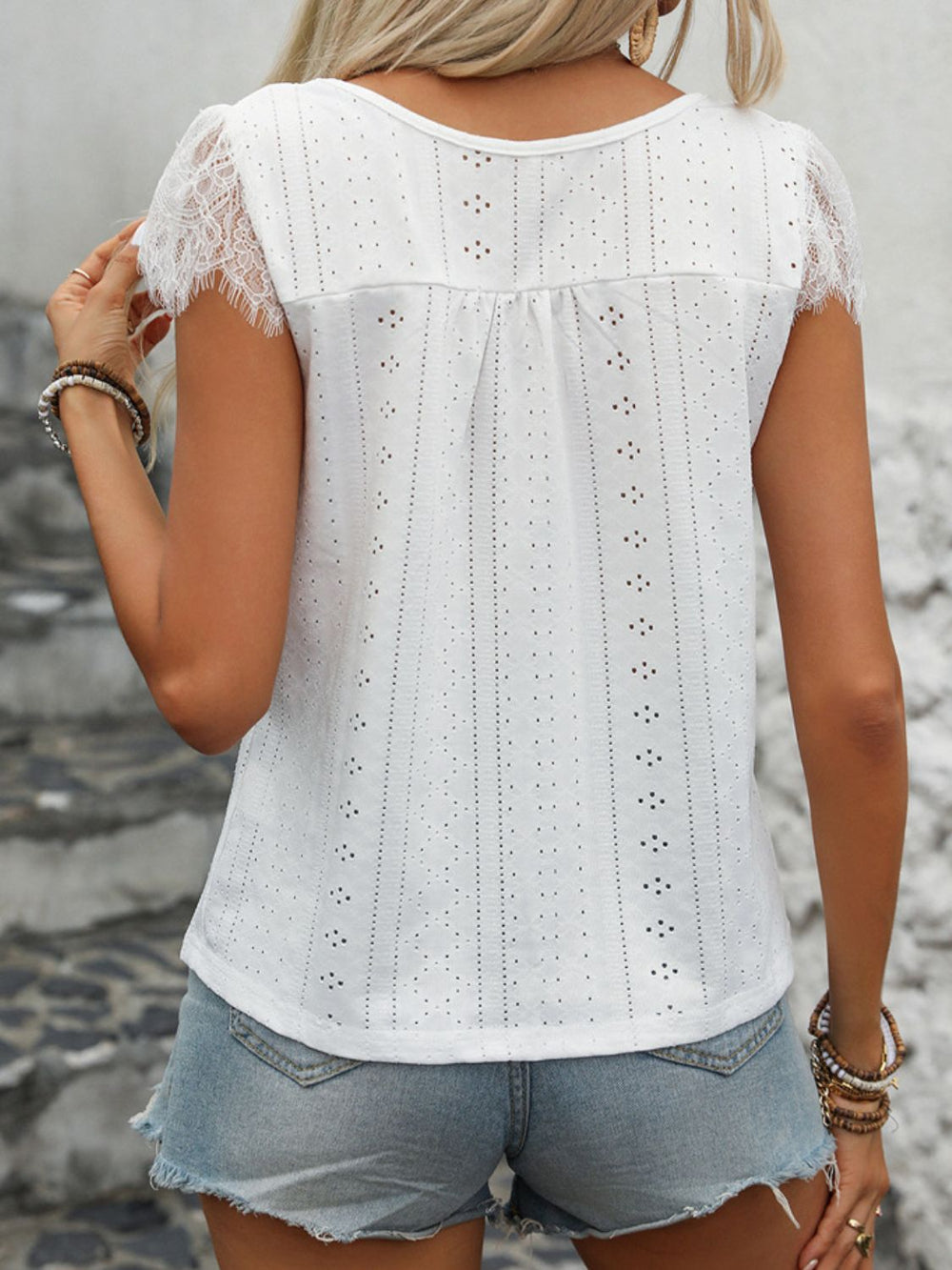 Eyelet Lace Detail V-Neck Cap Sleeve Top-Teresa's Fashionista LLC