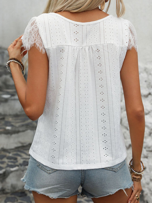 Eyelet Lace Detail V-Neck Cap Sleeve Top-Teresa's Fashionista LLC
