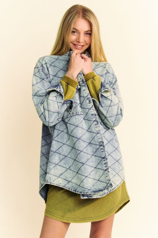 Davi & Dani Curved Hem Diamond Quilted Button Up Denim Shacket - Teresa's Fashionista LLC