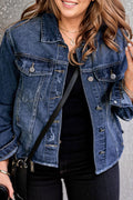 Plus Size Distressed Button Up Raw Hem Denim Jacket-Teresa's Fashionista LLC