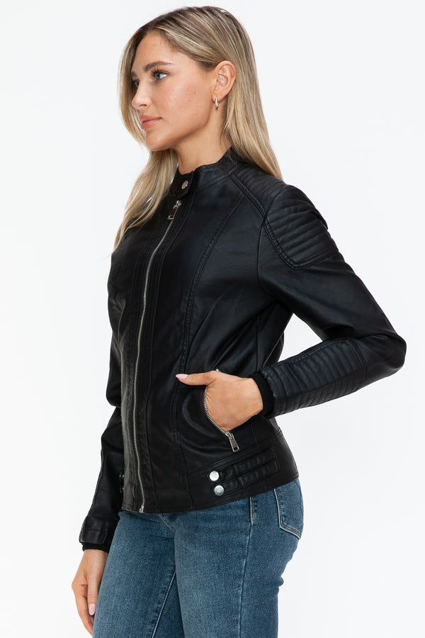 Snobbish Faux Leather Biker Jacket with Side Zip Pockets - Teresa's Fashionista LLC