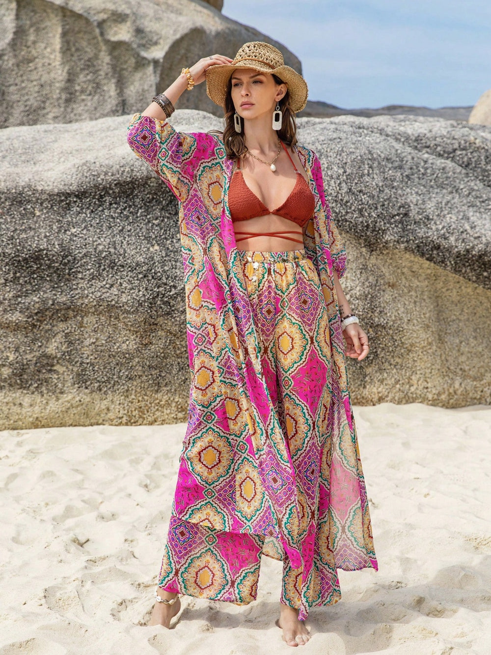 Printed Open Front Cardigan and Pants Set-Teresa's Fashionista LLC