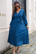 Pleated Long Sleeve Surplice Maxi Dress-Teresa's Fashionista LLC