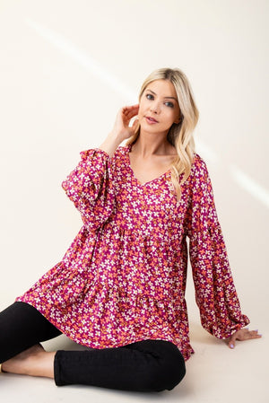 Celeste Full Size Floral V-Neck Balloon Sleeve Blouse - Teresa's Fashionista LLC