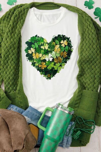 Clover Heart Round Neck Short Sleeve T-Shirt with green cardigan and accessories.