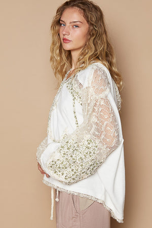 POL Star Patch Lace Contrast Long Sleeve Hooded Top - Teresa's Fashionista LLC