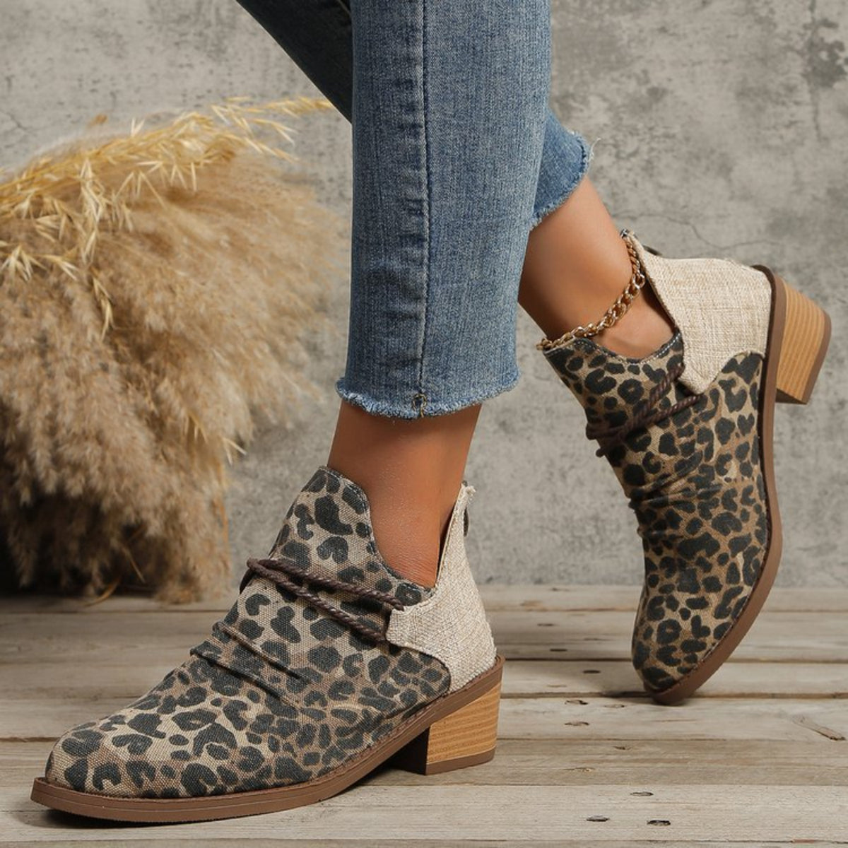 Contrast Canvas Low Heel Boots-Teresa&#39;s Fashionista LLC