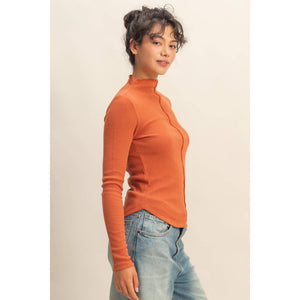 Ribbed High Neck Seam Detail Long Sleeve Top
