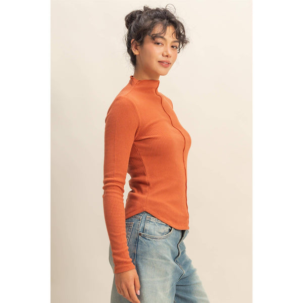 Ribbed High Neck Seam Detail Long Sleeve Top