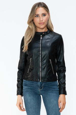 Snobbish PU Leather Zip Up Jacket with Pockets - Teresa's Fashionista LLC