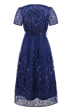 Sequin Leaf Embroidery Tie Front Short Sleeve Dress-Teresa's Fashionista LLC
