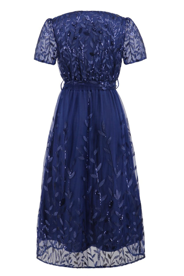 Sequin Leaf Embroidery Tie Front Short Sleeve Dress-Teresa's Fashionista LLC